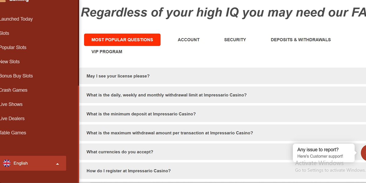 impressario casino faq 1